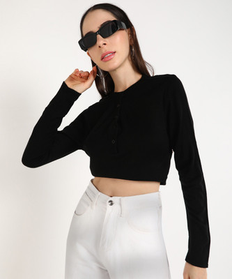 PROVOGUE Solid Round Neck Casual Women Black Sweater
