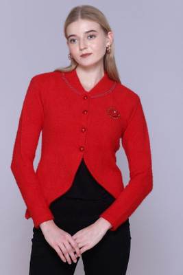 FASHSTORE Self Design V Neck Casual Women Red Sweater