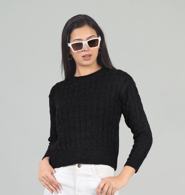 WOOLBERRY Self Design Round Neck Casual Women Black Sweater