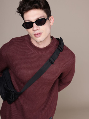 WROGN Self Design Round Neck Casual Men Maroon Sweater