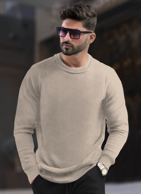 TRIPR Solid Round Neck Casual Men Beige Sweater