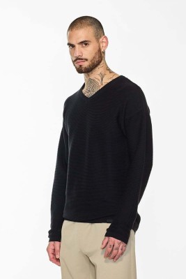 Snitch Solid V Neck Casual Men Black Sweater