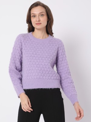 VERO MODA Self Design Round Neck Casual Women Purple Sweater