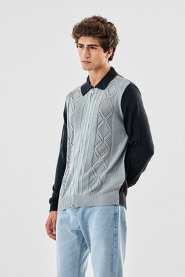 Snitch Geometric Print Crew Neck Casual Men Black Sweater