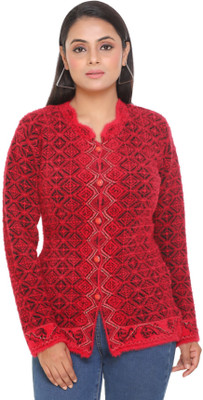 WOOL 4U Self Design V Neck Casual Women Pink Sweater