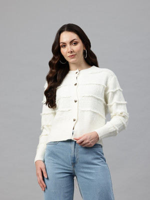 PIERRE CARLO Striped V Neck Casual Women White Sweater