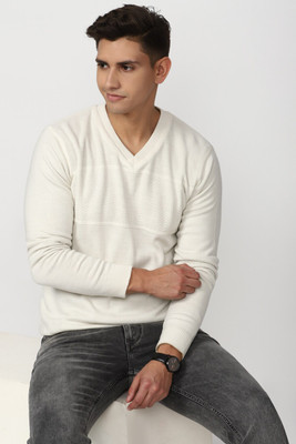 PETER ENGLAND Self Design V Neck Casual Men Beige Sweater