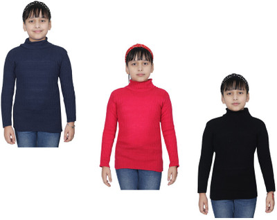 Indistar Self Design High Neck Casual Girls Multicolor Sweater