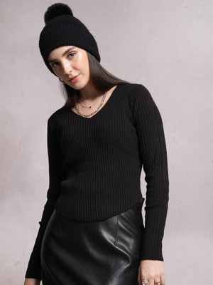 Tokyo Talkies Solid Scoop Neck Casual Women Black Sweater
