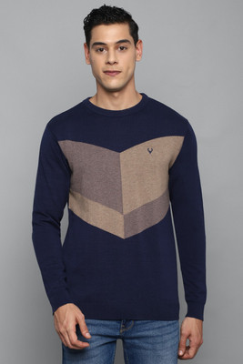 Allen Solly Colorblock Round Neck Casual Men Dark Blue Sweater