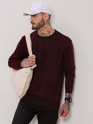 SHOWOFFFF Solid Round Neck Casual Men Maroon Sweater