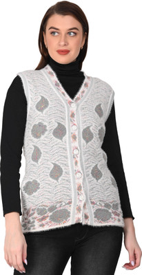HITTIKA Floral Print V Neck Casual Women White Sweater