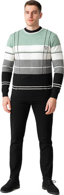 manra Striped Round Neck Casual Men Light Green Sweater