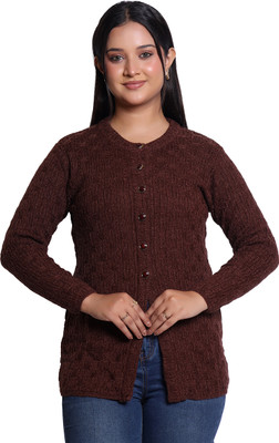 Varenyam Self Design Ruffle Neck Casual Women Brown Sweater