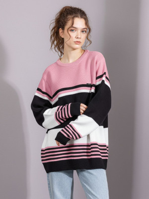 Hey Dude Striped, Self Design, Solid Round Neck Casual Women Pink Sweater
