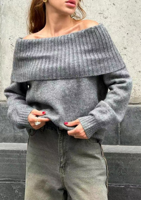 LULU & SKY Solid Off Shoulder Casual Women Grey Sweater