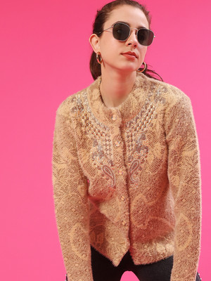 V-MART Self Design Round Neck Casual Women Beige Sweater