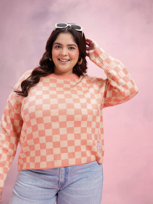 DressBerry Curve Checkered Round Neck Casual Women Beige, Pink Sweater
