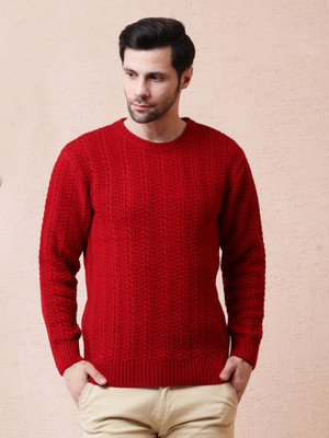 NOQUO Solid, Self Design Round Neck Casual Men Red Sweater