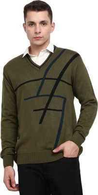 V-MART Striped V Neck Casual Men Green Sweater