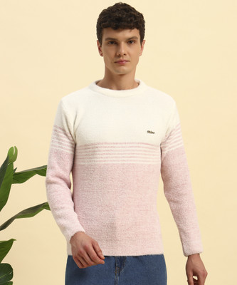 CANBLAR Striped Round Neck Casual Men Pink, White Sweater