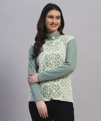 Christy World Self Design Collared Neck Casual Women Light Green Sweater