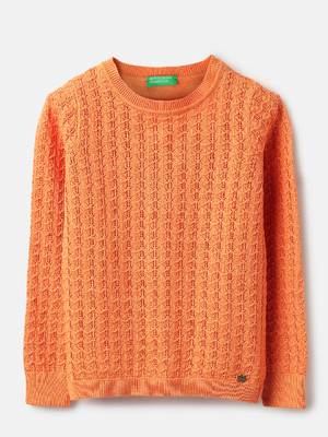 United Colors of Benetton Self Design Round Neck Casual Girls Orange Sweater