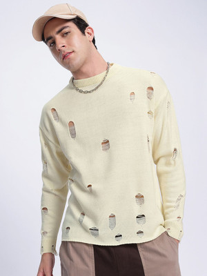 Glitchez Solid Round Neck Casual Men White Sweater