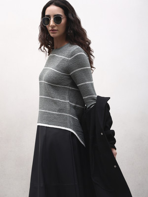 VeroModa Self Design Round Neck Casual Women Grey Sweater