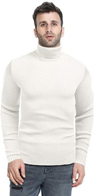 YOUTH ROBE Solid High Neck Casual Men White Sweater