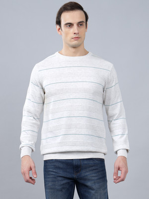 CANTABIL Striped Round Neck Casual Men White Sweater