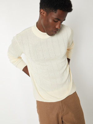 MAX Printed Round Neck Casual Men Beige Sweater