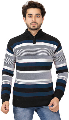 COLORCHAKRA Striped Collared Neck Casual Men Blue Sweater