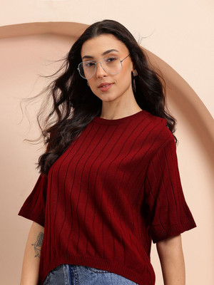 Mast & Harbour Printed Round Neck Casual Women Maroon Sweater