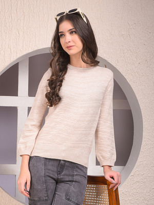 CRIMSOUNE CLUB Self Design Round Neck Casual Women Beige Sweater