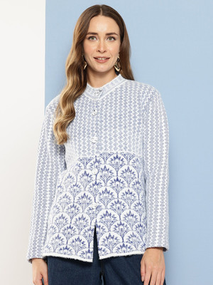 Aarika Floral Print Collared Neck Party Women Blue Sweater