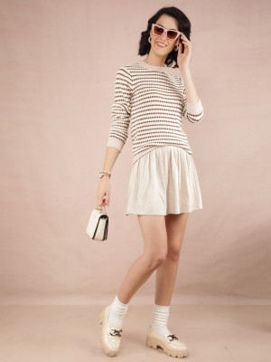 CRIMSOUNE CLUB Striped Round Neck Casual Women Pink Sweater