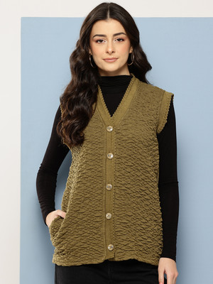 METRONAUT Self Design V Neck Casual Women Green Sweater