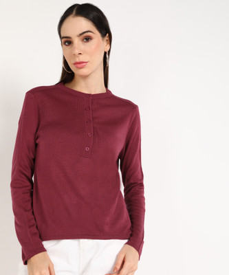 PROVOGUE Solid Round Neck Casual Women Red Sweater