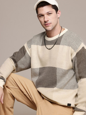 Roadster Self Design Round Neck Casual Men Green Sweater