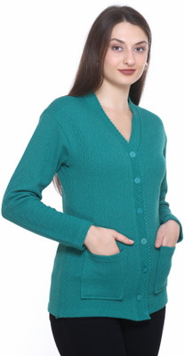 Basis Solid V Neck Casual Women Green Sweater