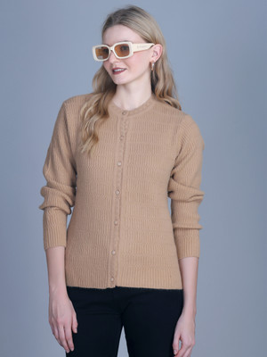 OBAAN Self Design Mandarin Neck Casual Women Beige Sweater