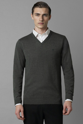 LOUIS PHILIPPE Self Design V Neck Casual Men Grey Sweater