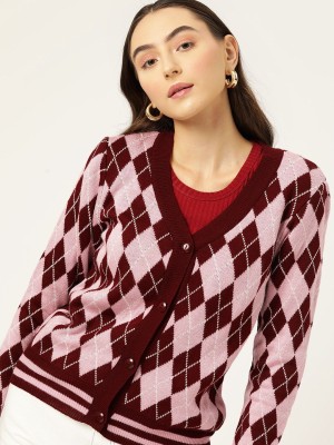 Dressberry Printed V Neck Casual Women Maroon Sweater