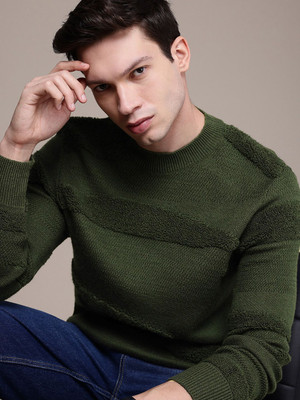 French Connection Self Design Round Neck Casual Men Green Sweater