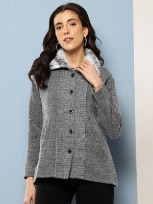 Roadster Solid Collared Neck Casual Women Grey Sweater