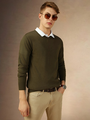Dennis Lingo Solid V Neck Casual Men Green Sweater