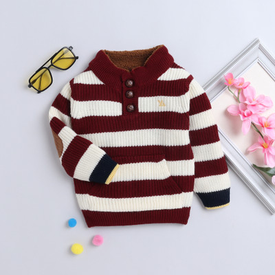 Yellow Apple Striped Round Neck Casual Baby Boys Maroon Sweater