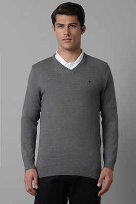 LOUIS PHILIPPE Self Design V Neck Casual Men Grey Sweater