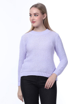 NOQUO Woven Round Neck Casual Women Purple Sweater